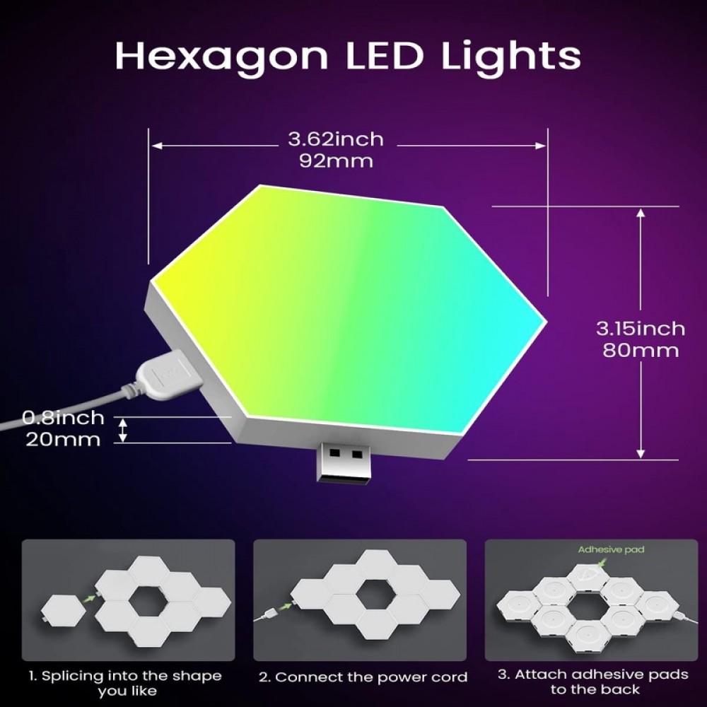 Hexagon LED Lights Wall Panels, Smart RGB Gaming Lights with APP Music Sync, DIY Modular Hex Tiles, USB - Powered for Autism Game Room Party Decor 8 - Pack