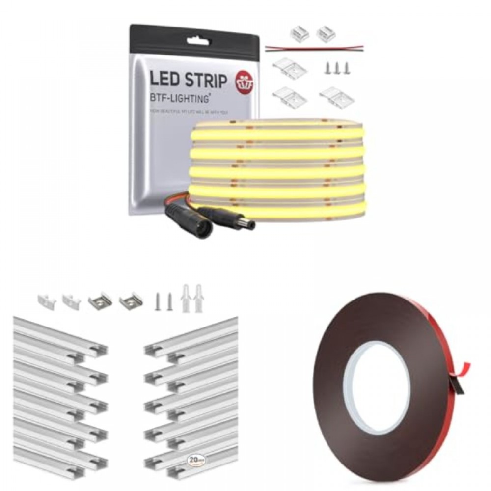 BTF-LIGHTING FCOB COB LED Strip 9W/m 16.4FT DC12V Warm White 3000K CRI 90+ 8mm Width for Indoor Decor20Pack 1.64FT/0.5M U Shape Sliver LED Aluminum Channel Double Sided Tape 65.6FT 0.31in/8mm Width