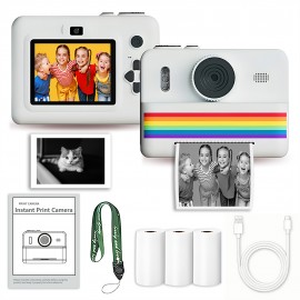 A Camera with Printing Capabilities, Featuring Instant Photo Printing, Comes with Three Rolls of Photo Paper, a Strap, a USB Charging Cable, And a Portable Multifunctional Photo Printer. It Includes a Rechargeable 18650 Lithium Polymer Battery