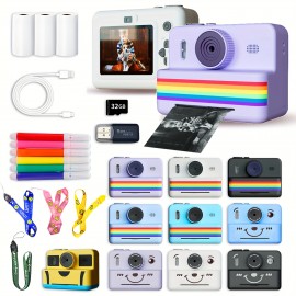 Children's Instant Camera, Kids' Print-on-the-Spot Camera with Printing Function, 2.8-inch HD Screen, 1080P Video, Includes 3 Rolls of Photo Paper, 32GB Memory Card, Card Reader, 6 Paint Brushes, Lanyard, USB Charging Cable, Portable Multifunctional