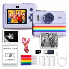 Children's Instant Camera, Kids' Print-on-the-Spot Camera with Printing Function, 2.8-inch HD Screen, 1080P Video, Includes 3 Rolls of Photo Paper, 32GB Memory Card, Card Reader, 6 Paint Brushes, Lanyard, USB Charging Cable, Portable Multifunctional