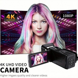 4K Vlogging Camera with 53 Million Pixels, 3-Inch IPS Screen, 18x Digital Zoom, Built-in Microphone & Supplementary Light, 32GB Memory Card, USB/Battery Powered, 16:9 Widescreen, Auto Focus, Manual Exposure Control, Compact Design for Vlogging, Live Streaming, Travel, Vlogging Equipment, Modern Gadget, Highquality Lens, Content Creators, Travel Photography, Sleek Gadget, Durable Construction, 4K recorder, video live-capture camera