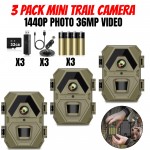 3 Pack Mini Trail Camera | 1440P Video 36MP Photo, Game Camera with Night Vision, 0.2s Trigger Time Motion Activated, IP65 Waterproof, 120° Wide-Angle, for Wildlife Monitoring, Includes Card Reader and 32GB SD Card