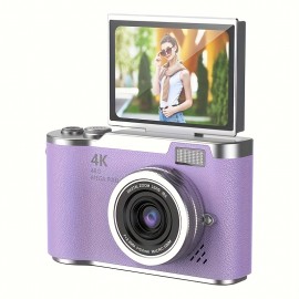 1pc 4K HD Digital Camera Bundle | Includes 32GB TF Card, Card Reader, Adapter, Camera Stickers, Wrist Strap, Charging Cable - Professional Camera for Photos, Videos, Vlogging, USB Charging, 1080p Video Resolution, Purple