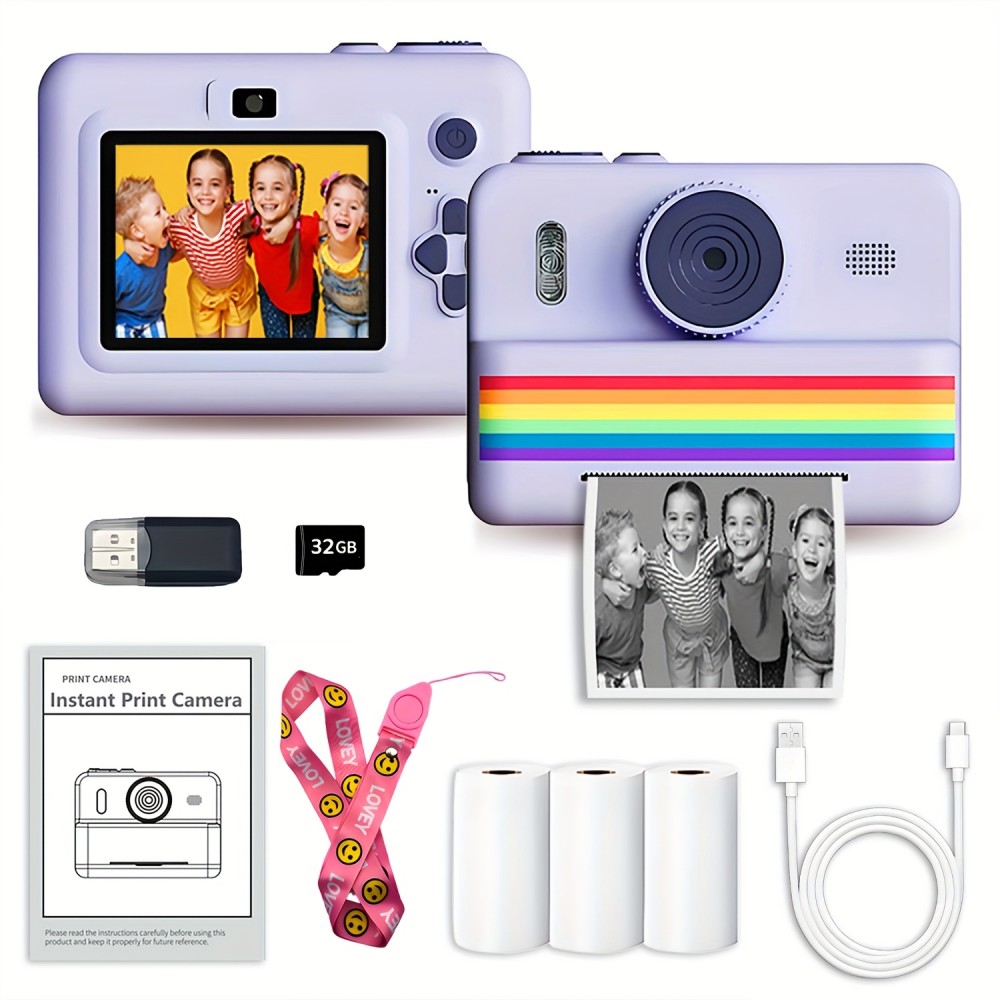 Kids Instant Camera with Print Feature | 2.8-inch HD Screen, 1080P Video, Includes 3 Photo Rolls, 32GB Memory Card, Reader, Lanyard, USB Charging Cable, Portable Multi-functional Photo Printer Camera, Rechargeable 18650 Lithium Polymer Battery - Ide