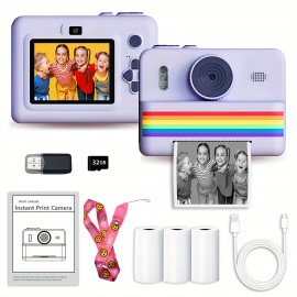 Kids Instant Camera with Print Feature | 2.8-inch HD Screen, 1080P Video, Includes 3 Photo Rolls, 32GB Memory Card, Reader, Lanyard, USB Charging Cable, Portable Multi-functional Photo Printer Camera, Rechargeable 18650 Lithium Polymer Battery - Ide