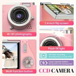 Flip high-definition 4K digital camera, 2.4-inch rotating screen, professional photo and video shooting, button operated video and photo shooting, suitable for beginners to start using CCD card machine. Suitable for Vlog beginners, comes with