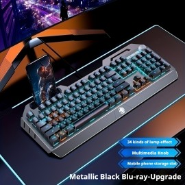 WEADN Durable Mechanical Gaming Keyboard with Aluminum Alloy Panel, Built-in Phone Holder, Ergonomic Design, Sturdy and Stylish, Plug and Play USB Wired Connection, Perfect for PC Gamers, Office Typing, Long-Lasting Performance, EWEADN