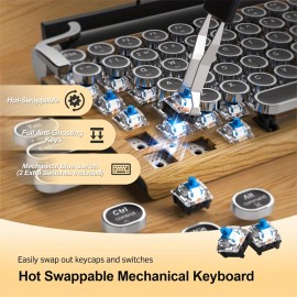 Retro Typewriter Wireless Mechanical Gaming Keyboard, Wireless Office Computer Vintage Keyboards 83-Key Blue Switches Punk Round Keycap, LED Backlight, Compatible With PC/Laptop/Pad/Phone