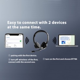 Earbay Wireless Headset with Noise Cancelling Mic, Faux Leather Semi-Open-Back Headphones, Retractable Cable, Push Button Call Control, Dynamic Microphone, USB Type-C Charging, 250mAh Rechargeable Lithium Polymer Battery, Compatible with Laptop for Work, Non-Waterproof, for Call Center/Office/Truckers
