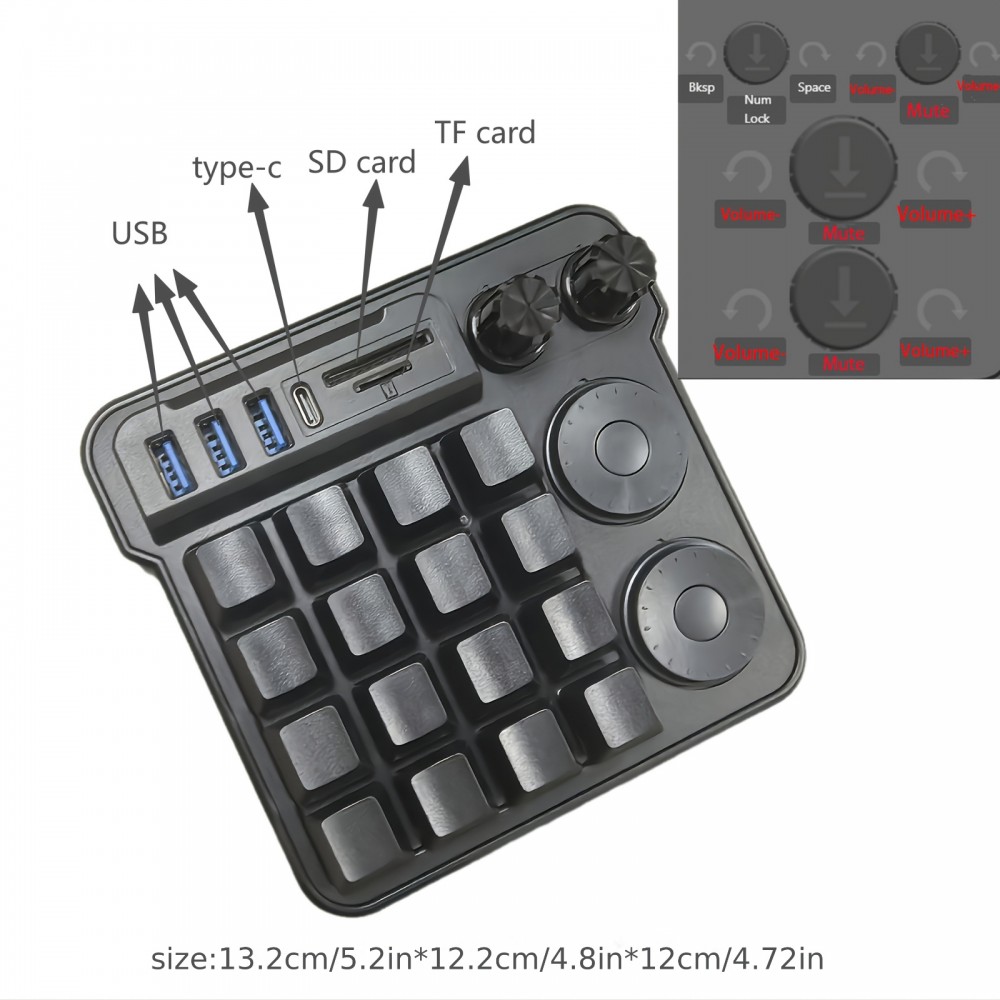 Production New 16-Key Mechanical Keyboard with 4 Knobs, Multi-Functional USB Cable for Computers, Quick Copy & Paste, Design Editing, Hot-Swap, One-handed Macro Keys For Office, Gaming, Entertainment, Adjustable Keyboard With Usb Hub, Sd/tf